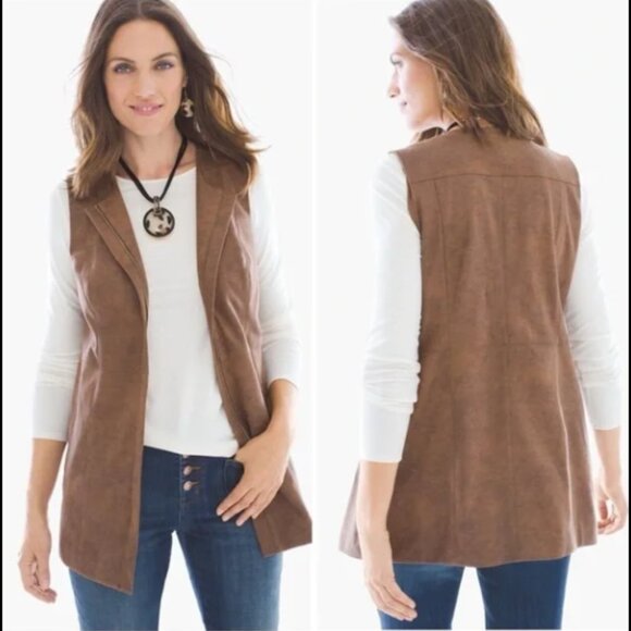 ✨Chico's Edgy Faux Suede / Faux Leather Long Vest | Java Brown | Size 0 (US S/4 - Picture 11 of 12